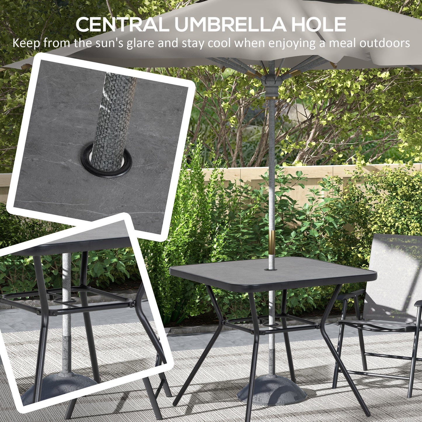 Outsunny Square Outdoor Table, Bistro Coffee Table with Faux Marble Top and 42mm Umbrella Hole, Dark Grey