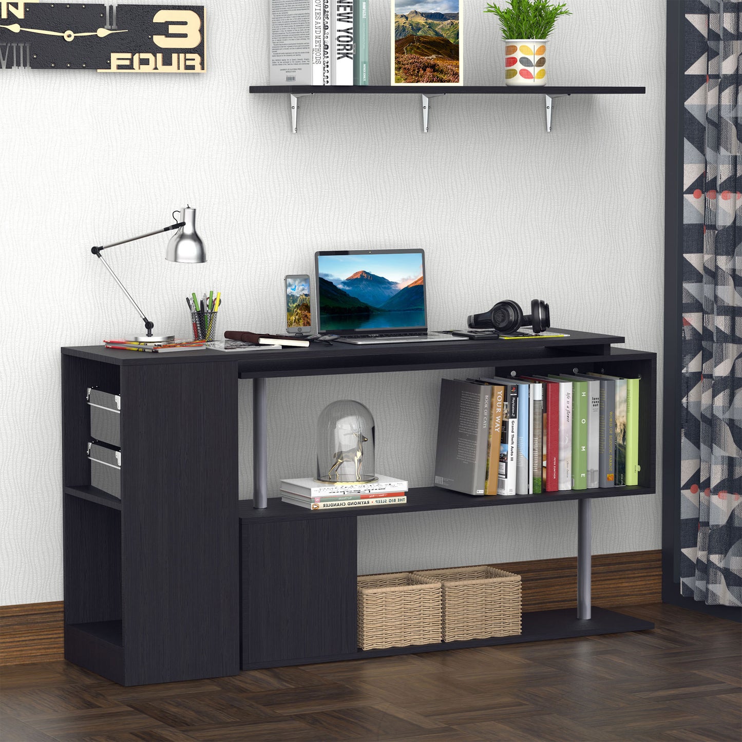 Bureau d'angle pivotant à 360° avec étagères à 3 niveaux, noir