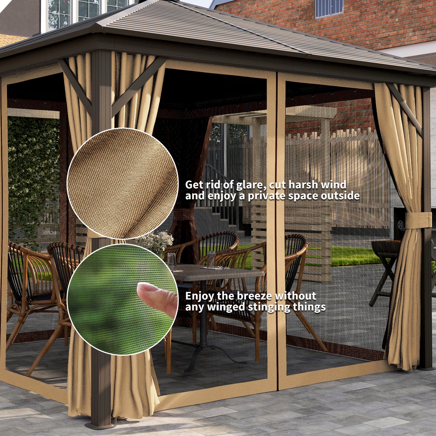 Gazebo 10' x 10' à toit rigide en aluminium avec moustiquaire, rideaux et crochet de suspension, marron