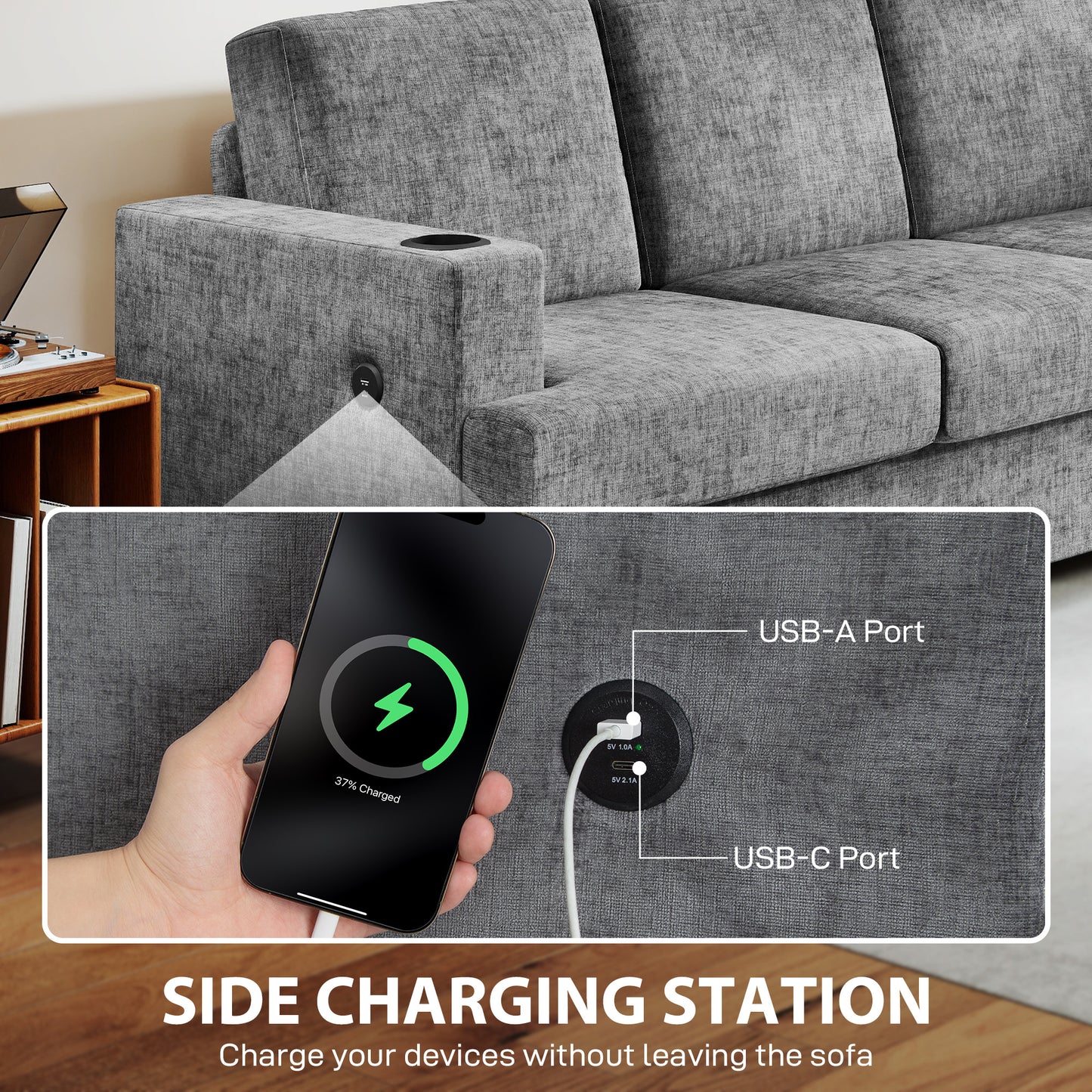 Canapé 3 places avec ports USB et porte-gobelets, gris
