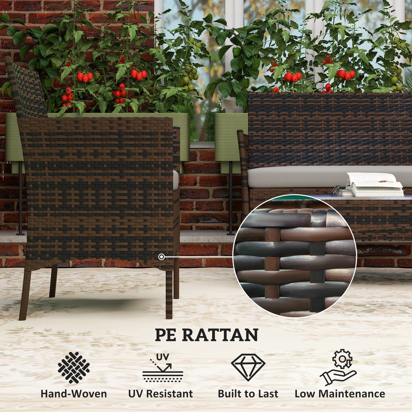 Outsunny 4 Piece Patio Rattan Balcony Wicker Garden Furniture Set with Loveseat, Chairs and Glass Coffee Table Grey