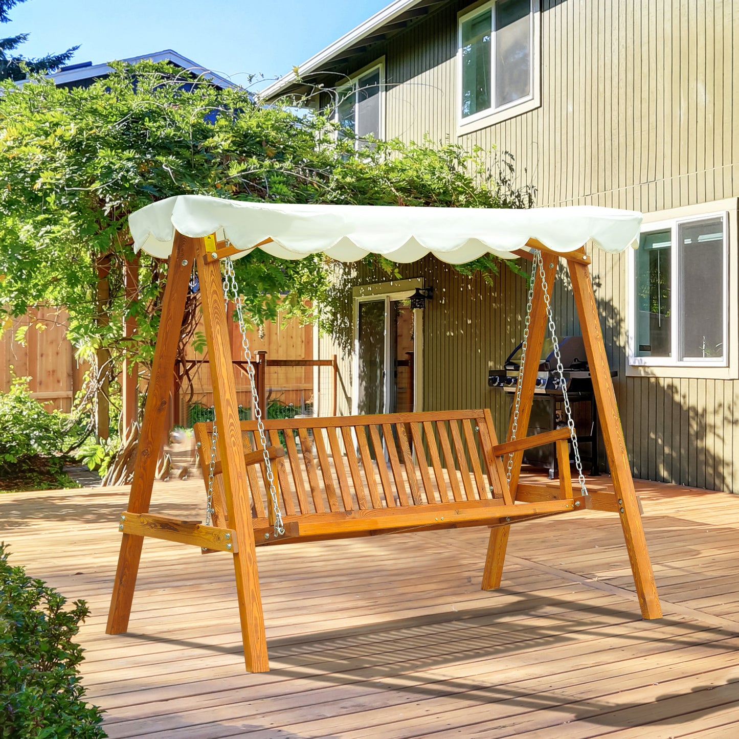 Swing Seat with Canopy, Outdoor Wooden Bench for Garden, Poolside and Backyard