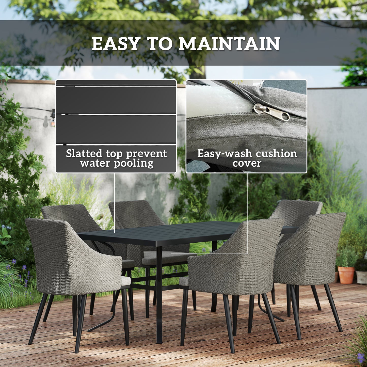 7 Piece Wicker Garden Furniture Set with Cushions, Parasol Hole, Slatted Top, for Garden, Porch, Balcony