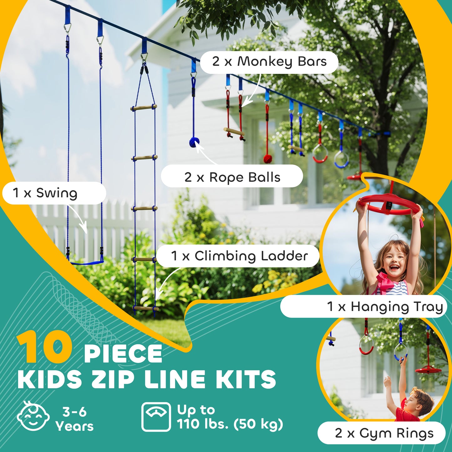 Ninja Warrior 9m Obstacle Course for Kids Ages 3-6, with Swing, Monkey Bars, Climbing Ladder, Gymnastic Rings, Blue