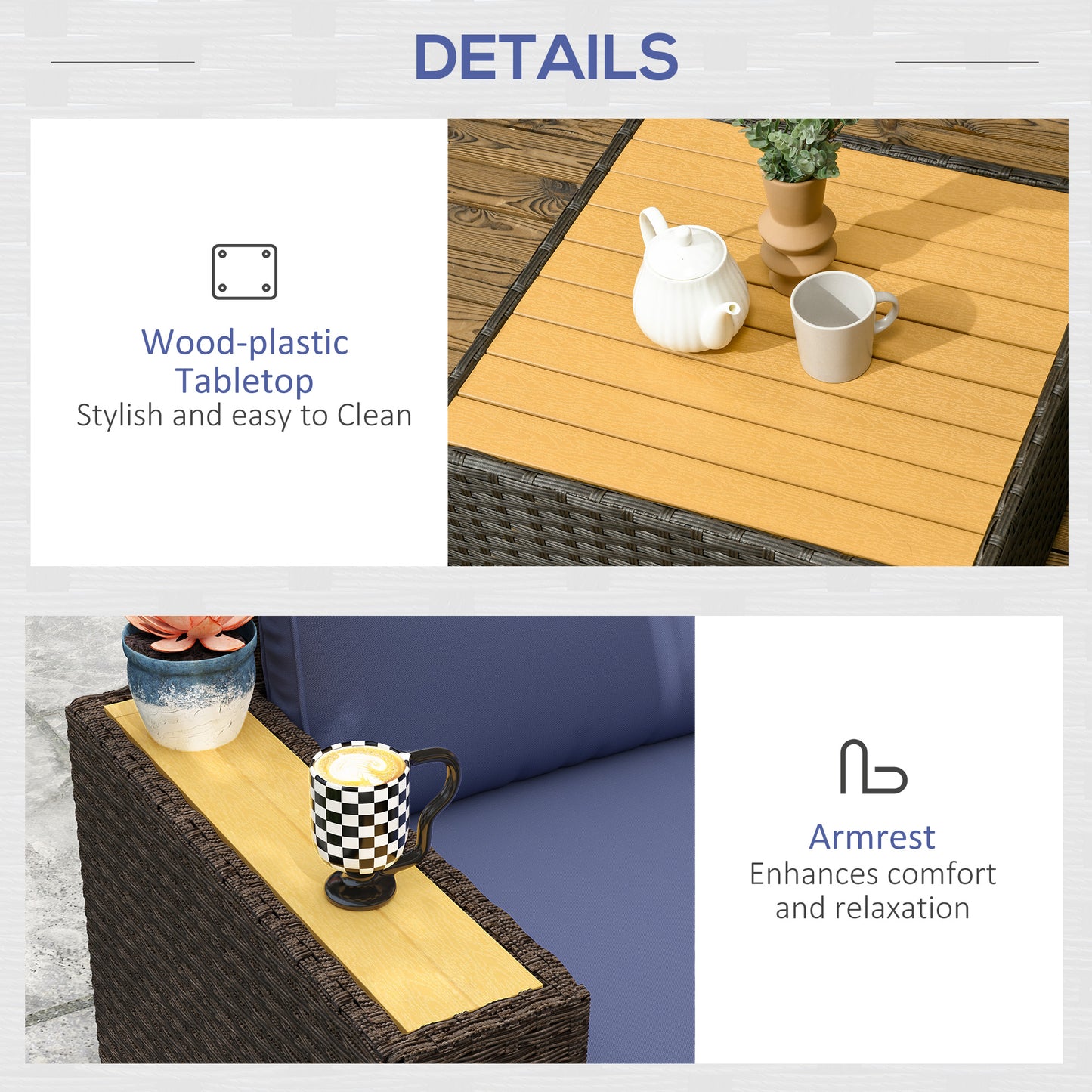 Ensemble de meubles de jardin 6 pièces avec canapé d'angle, table basse en bois et plastique, bleu marine