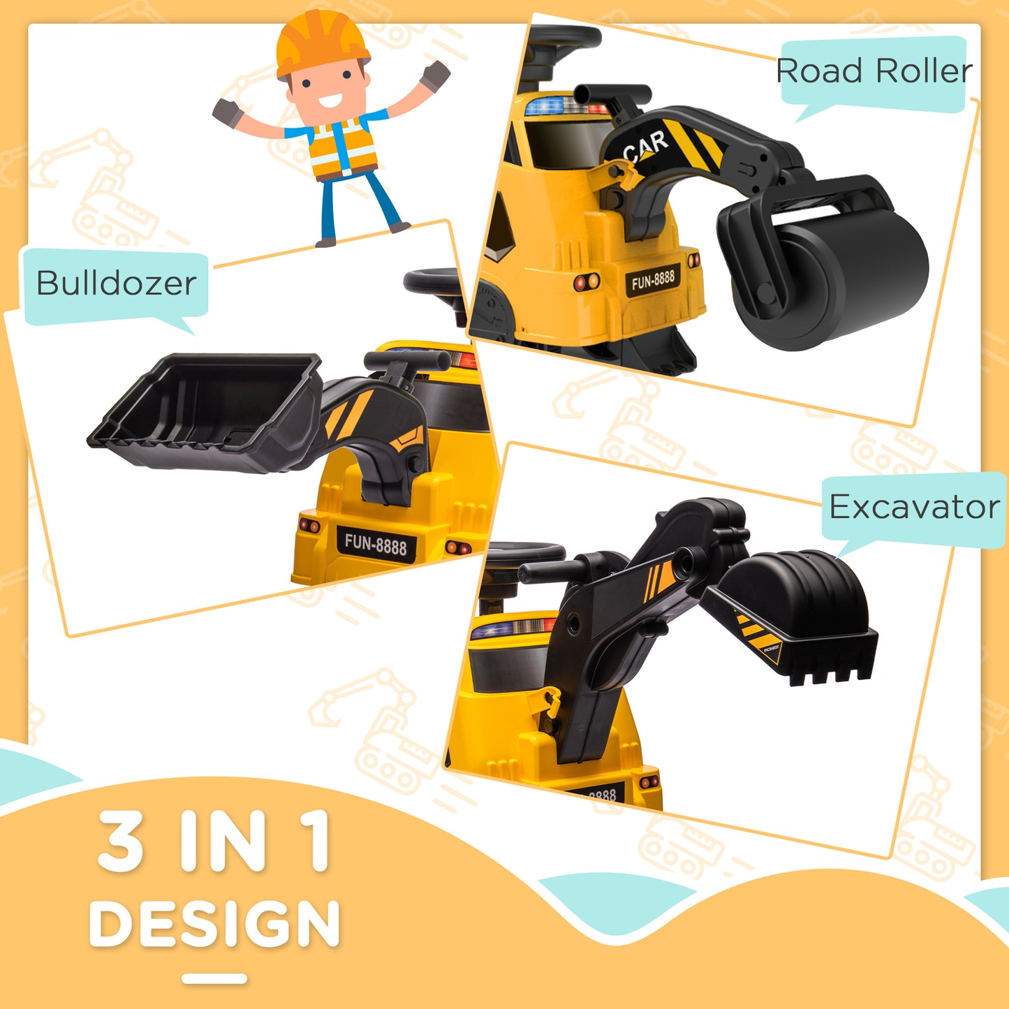 6V Electric Ride-On Tractor, 3-in-1 Electric Ride-On Excavator, Bulldozer, for 18-48 Months - Yellow