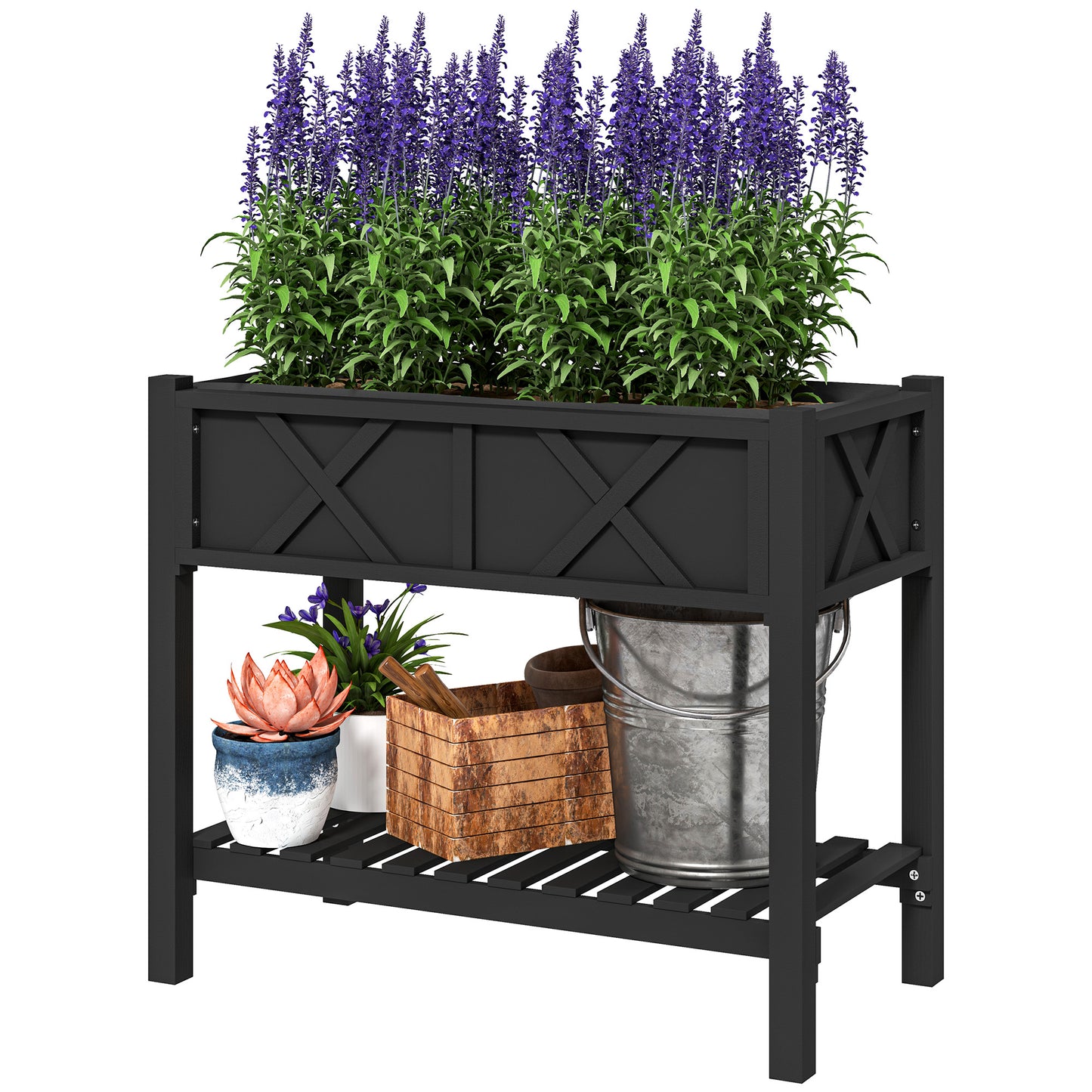 Wooden Raised Bed with Storage Shelf, Drainage Holes and Liner, 86 x 45 x 76 cm, Black