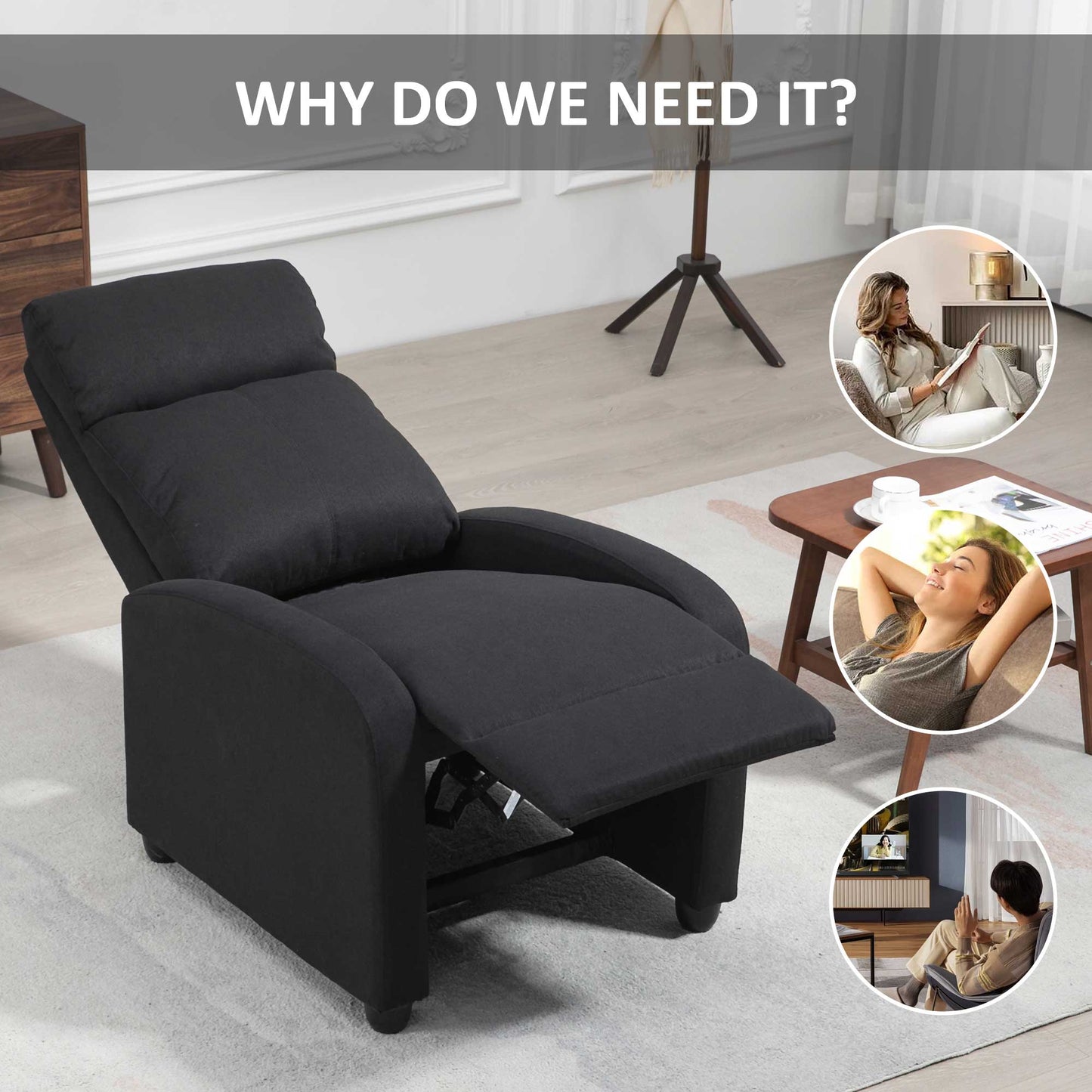 Fabric Recliner Chair, Single Recliner with Padded Seat for Living Room, Black