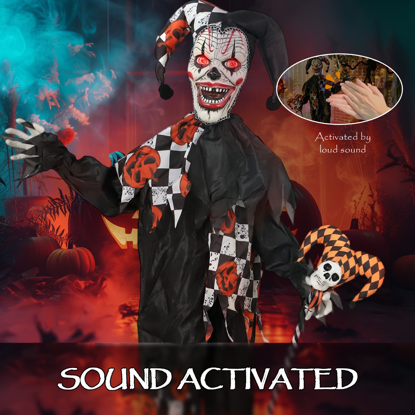 Clown animé grandeur nature, yeux rouges lumineux, décorations d'Halloween effrayantes activées par le son