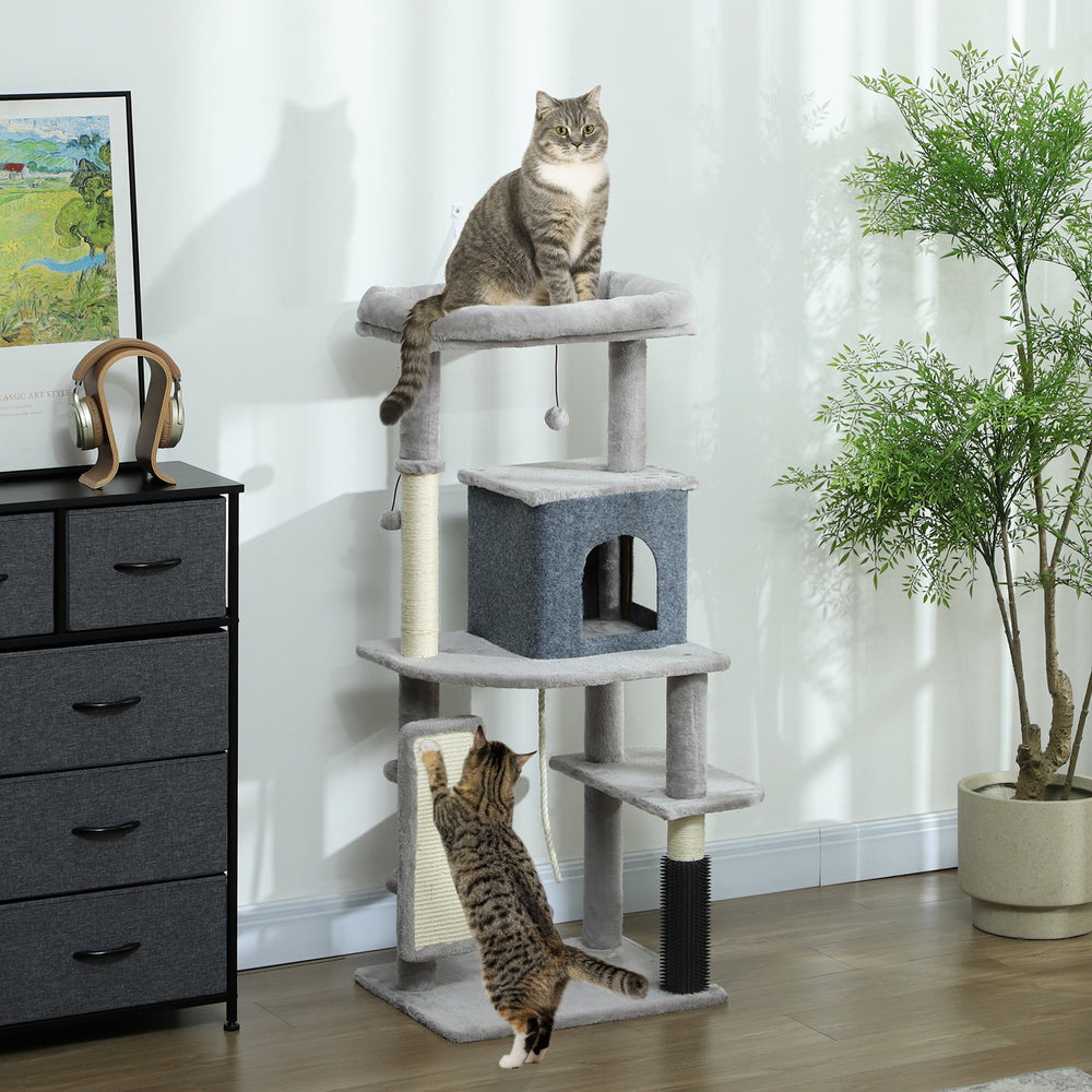 Arbre à chat de 132 cm avec griffoirs, panier, niche, brosse de toilettage, gris
