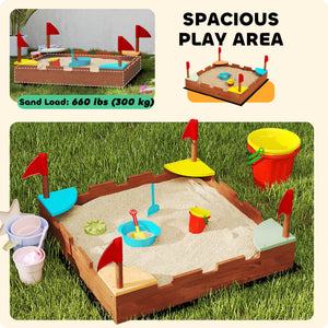 Bac à sable en bois avec drapeaux, 4 sièges d'angle intégrés colorés, bois marron