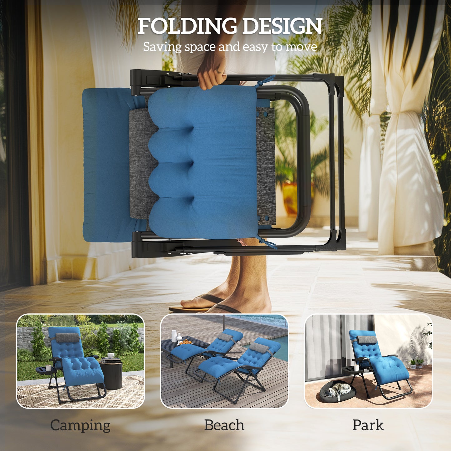 Outsunny Padded Folding Recliner Chair, Patio Lounge Chair with Cup Holder, Adjustable Backrest, Removable Cushion, Navy Blue