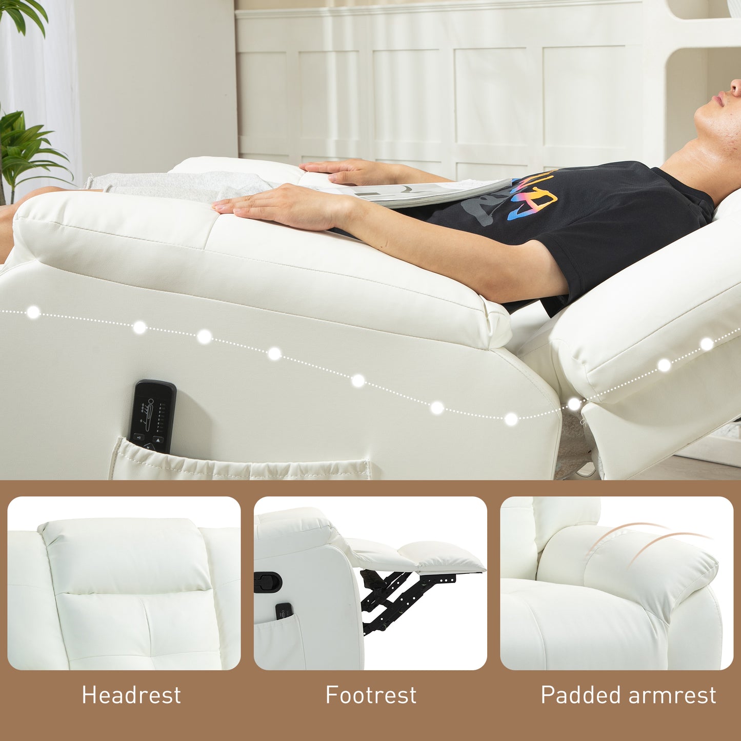 Fauteuil inclinable massant à vibrations 8 points en cuir, pivotant, poches latérales, pour salon, blanc crème