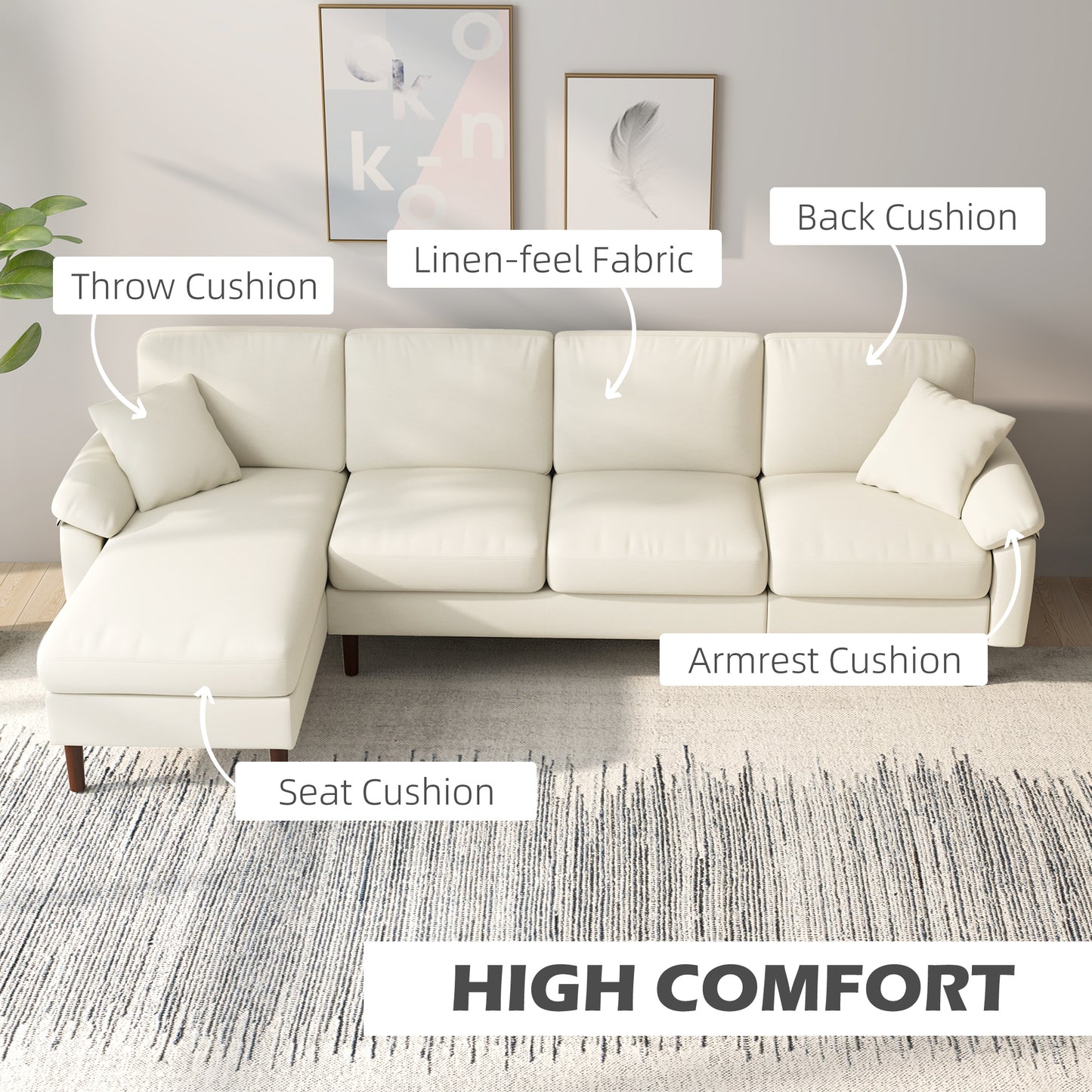HOMCOM Modern L-Shaped Sectional Sofa with Removable Chaise, Cushions and Wooden Legs for Living Room, Cream White
