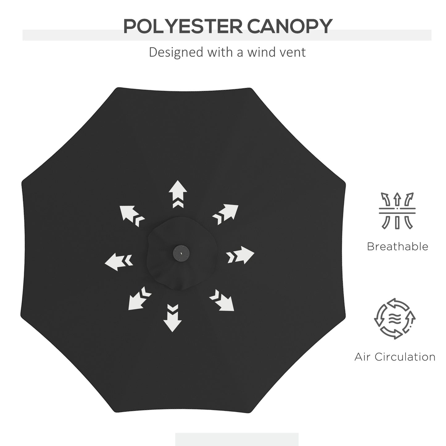 Parasol solaire d'extérieur de 9 pieds, 24 LED, toit inclinable, noir