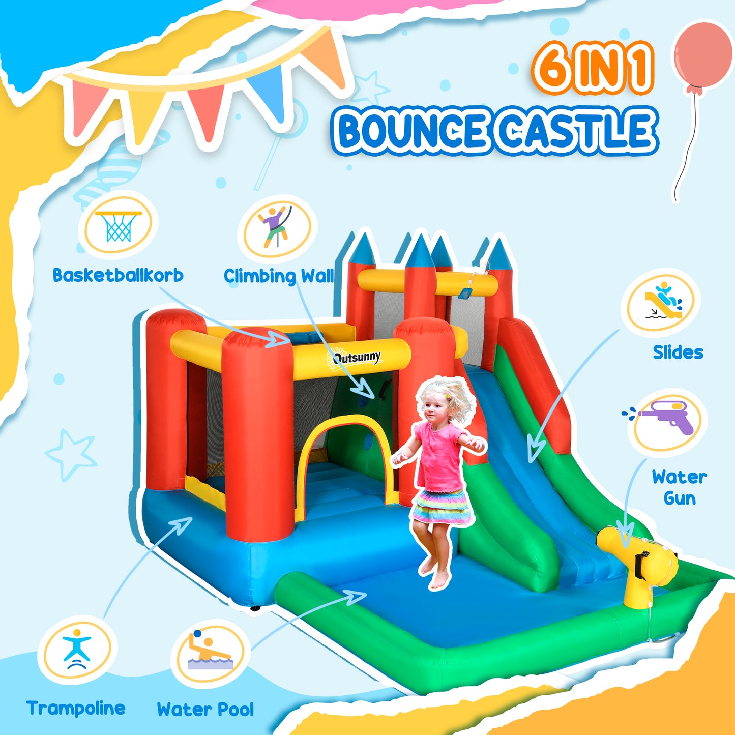 6 in 1 Inflatable Castle House Trampoline Slide Water Pool Gun Climbing Wall Basket with Inflator for Kids 3-12 Years Old Summer 11.5' x 8.8' x 7' Multicolor