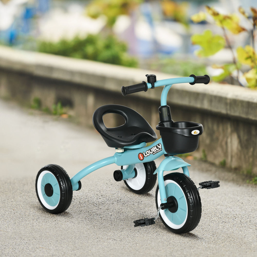 Tricycle avec siège réglable, panier, sonnette, bleu