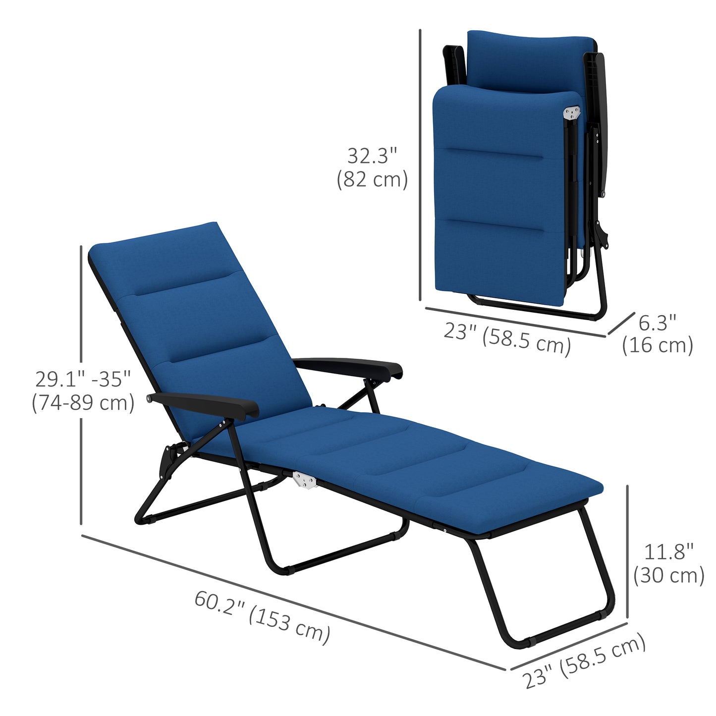 Chaise longue inclinable avec dossier réglable sur 6 positions, bleu