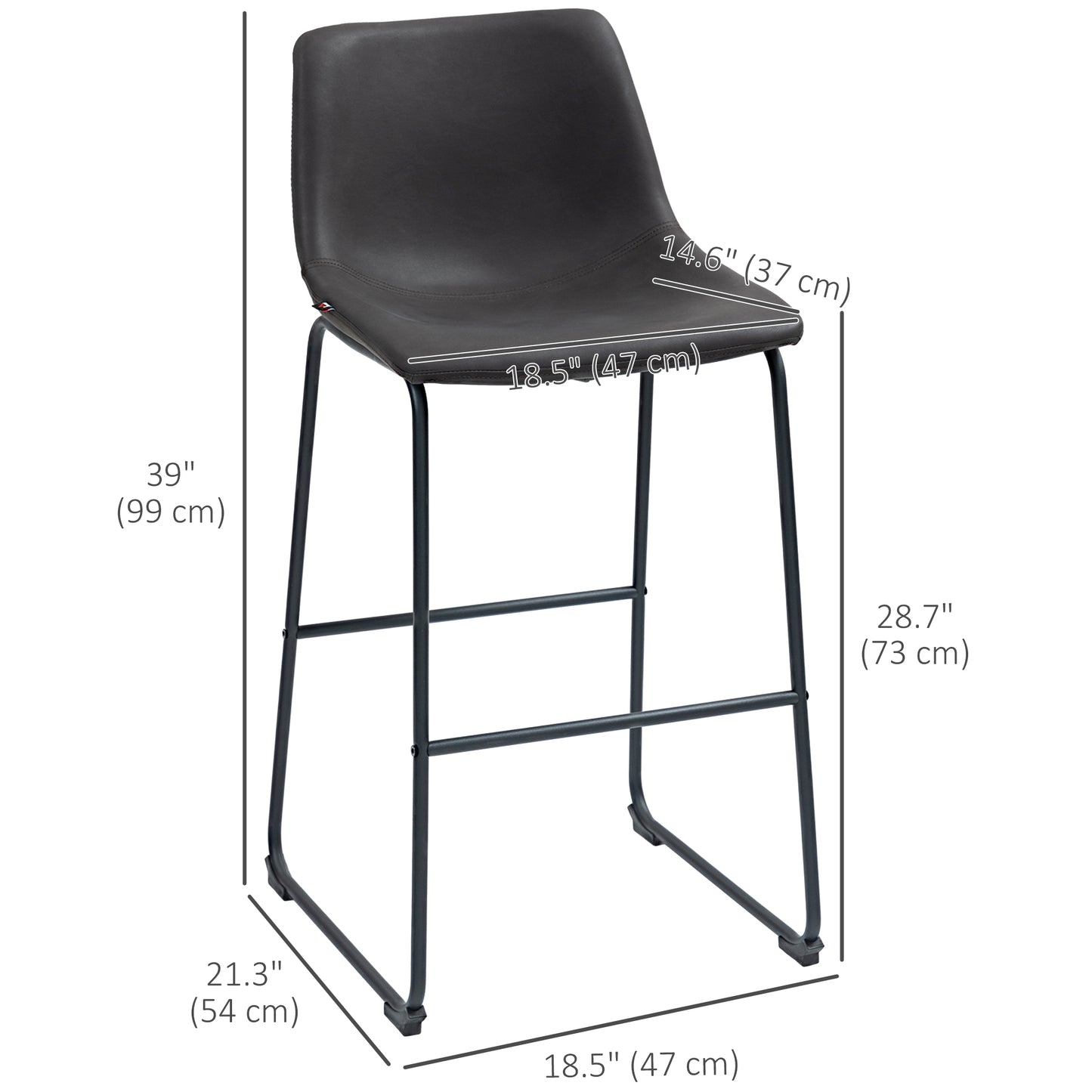 Set of 2 Vintage PU Leather Bar Stools, Kitchen Stools with Footrest, Dark Brown