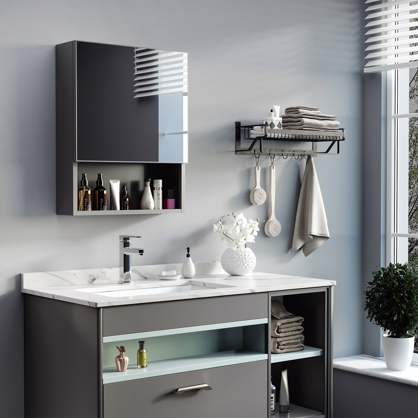 Armoire à miroir murale avec porte simple, étagères de rangement et cadre en acier inoxydable, noire