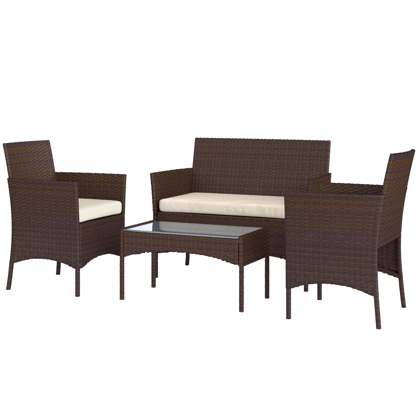 Outsunny 4 Piece Patio Rattan Balcony Wicker Garden Furniture Set with Loveseat, Chairs and Coffee Table in Beige Glass