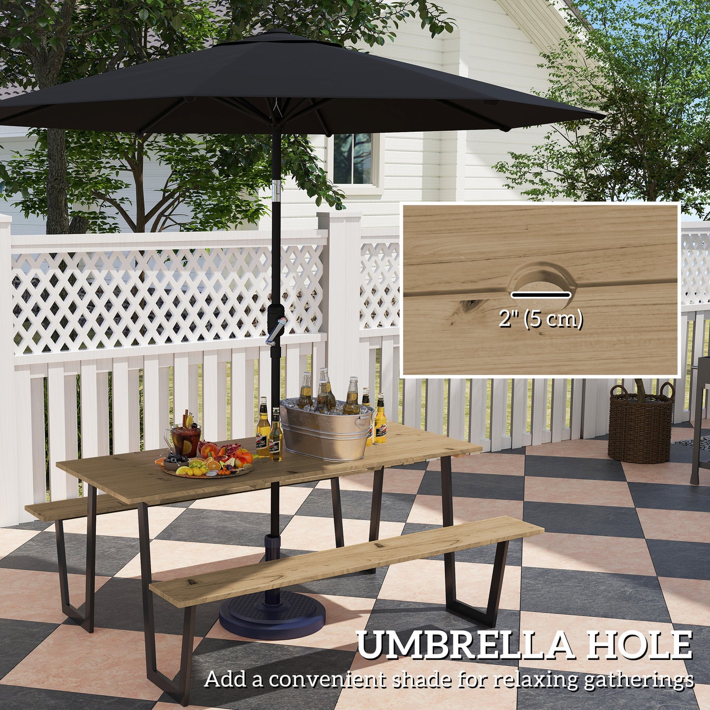 Table de pique-nique d'extérieur de 1,7 m (5,7 pi) avec trou pour parasol de 5 cm (2 po) avec cadre en acier, marron