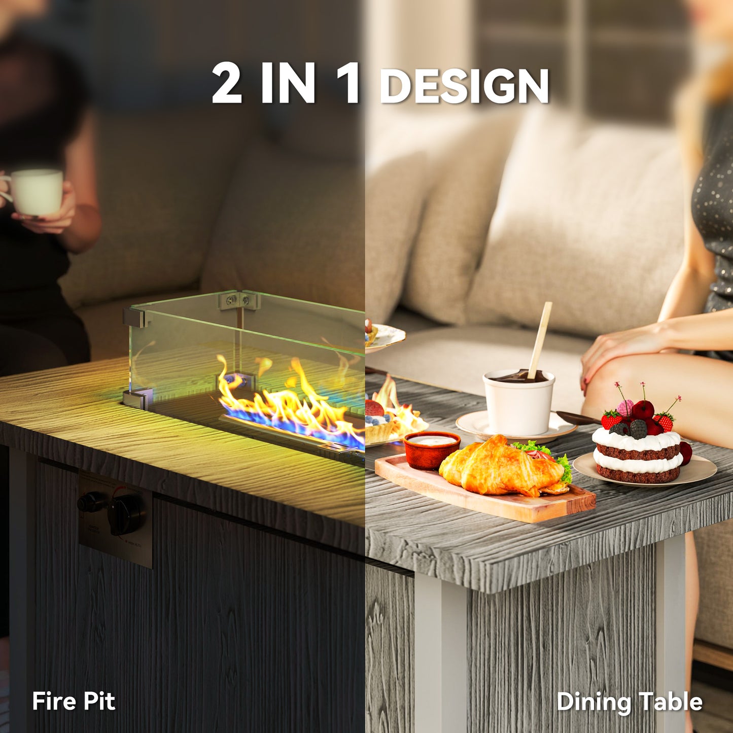 Outsunny 50,000 BTU Gas Fire Pit Table with Lid and Glass Screen, Grey