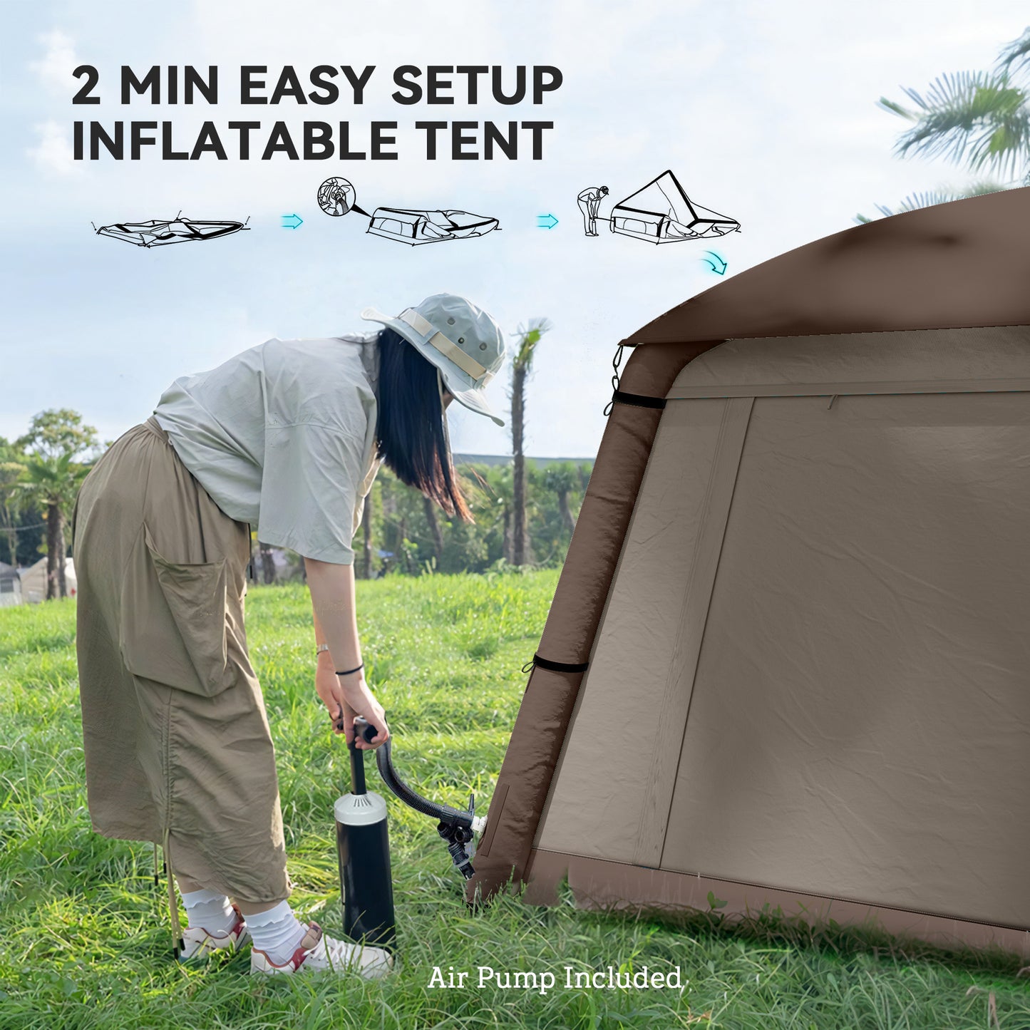 Outsunny Inflatable Camping Tent, 1-2 Person Camping Tent with Hand Pump, Inflatable Tent with Doors, Carry Bag, Khaki and Brown