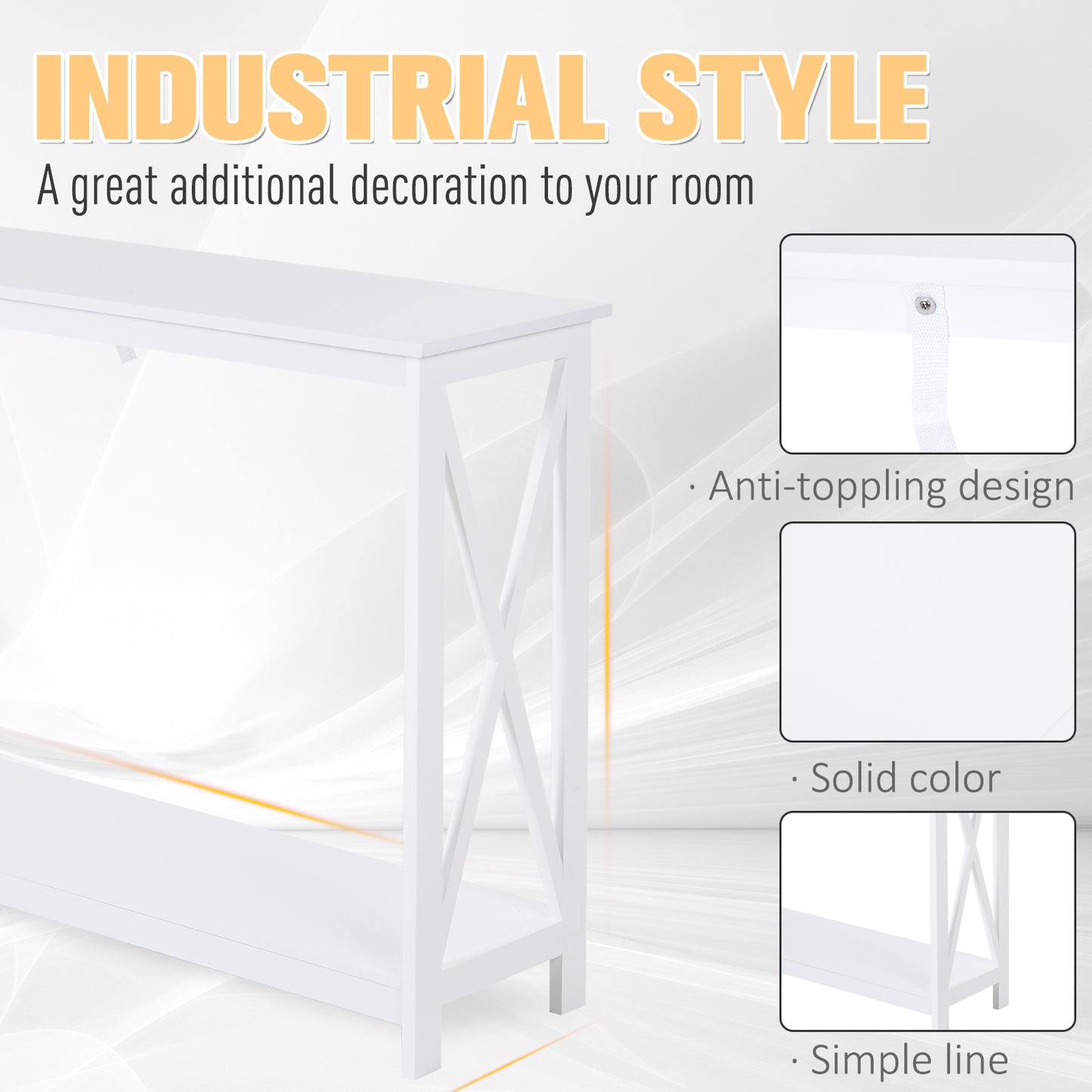 Console d'entrée étroite à 2 niveaux, design en X, avec étagère de rangement pour derrière le canapé, salon, couloir, blanc