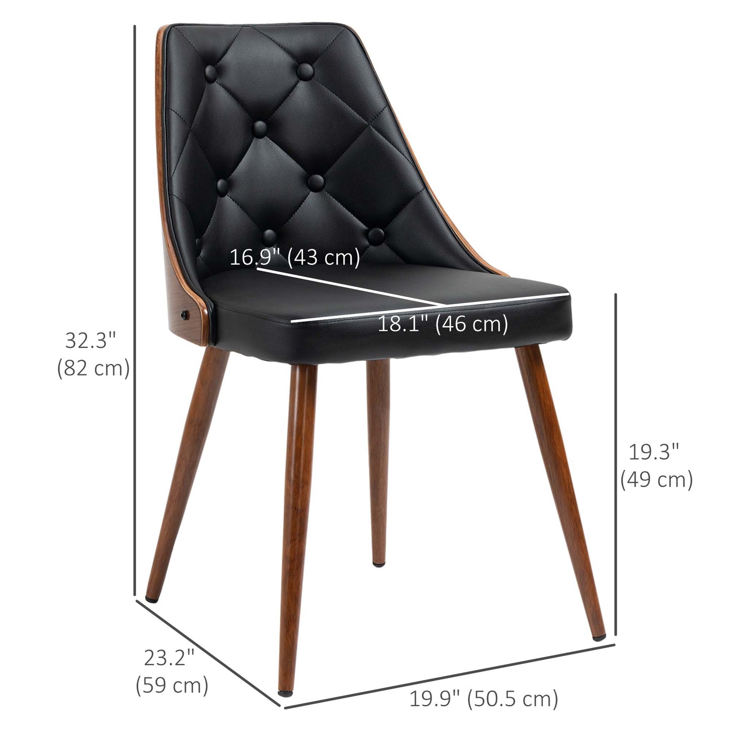 Lot de 2 chaises de salle à manger capitonnées, assises rembourrées en similicuir et pieds en acier, noires