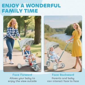 Tricycle 7 en 1 pour tout-petits avec harnais de sécurité, bleu et gris