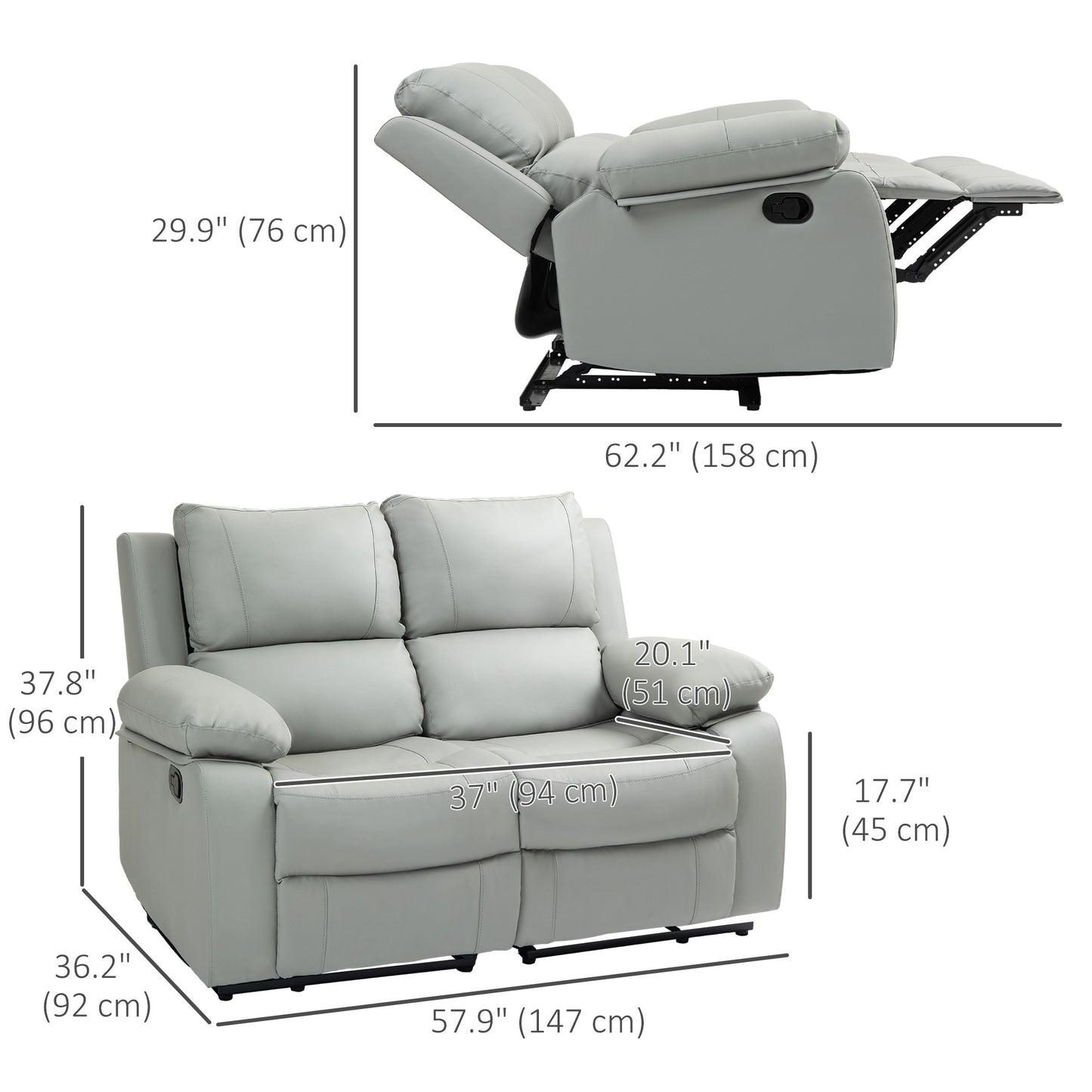 HOMCOM Manual Recliner Sofa, Faux Leather Double Reclining Loveseat with Retractable Footrest for Living Room, Light Grey