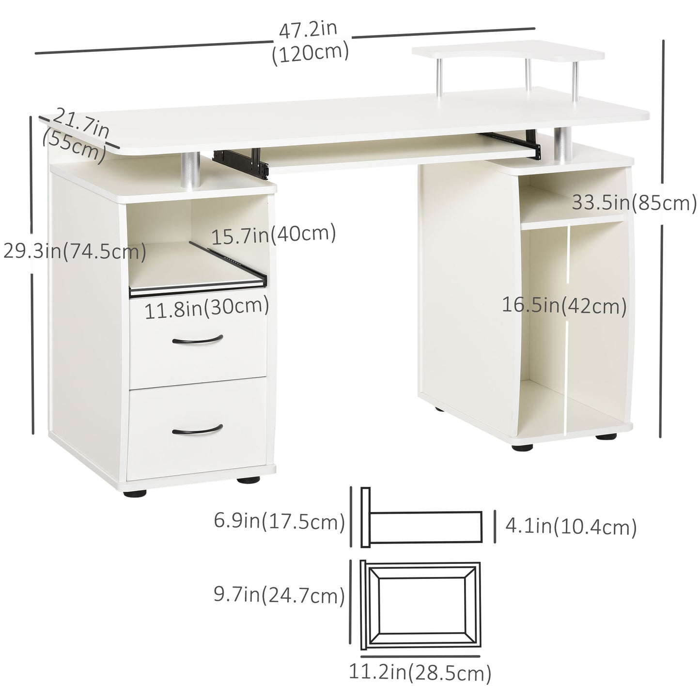 Bureau d'ordinateur avec plateau pour clavier, blanc