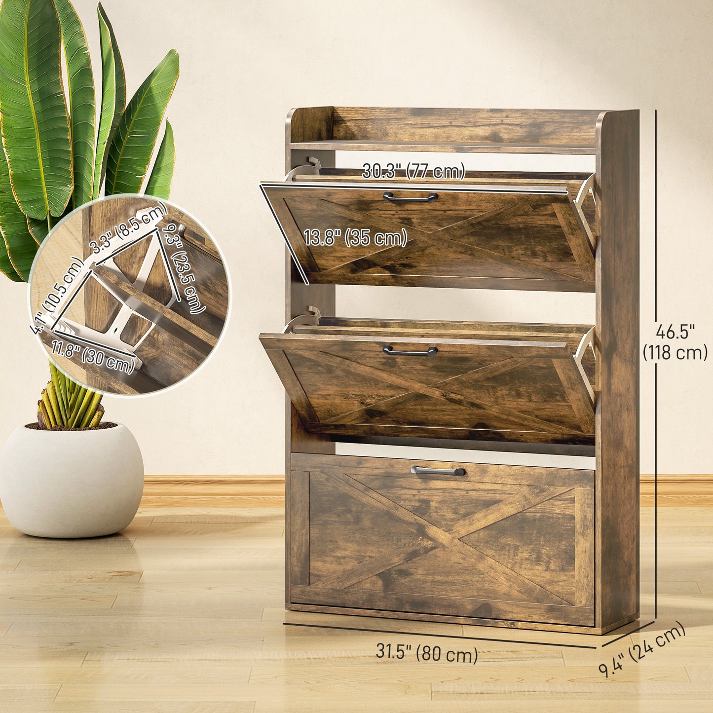 Meuble de rangement à chaussures étroit HOMCOM, style ferme, avec 3 tiroirs rabattables et étagères réglables, pour entrée, marron rustique
