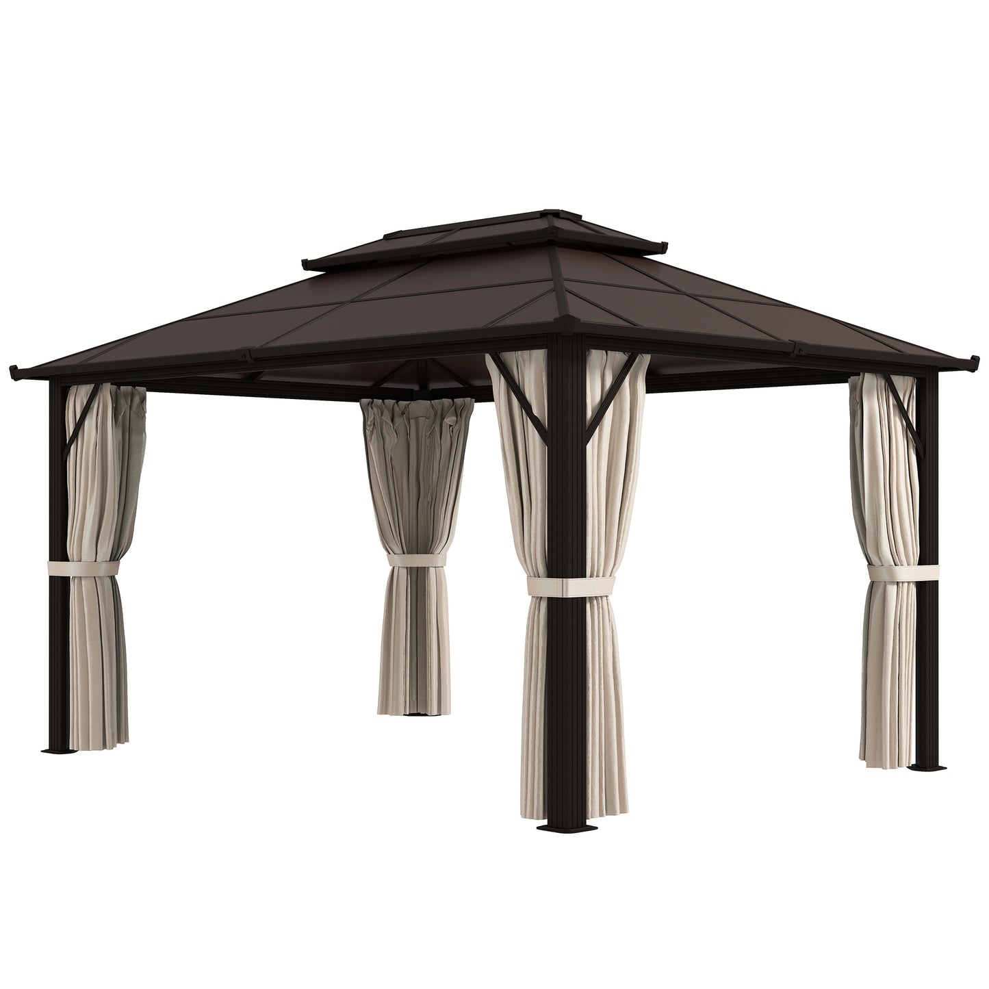 Gazebo 10' x 13' à toit rigide avec double toit en polycarbonate UPF30+, cadre en aluminium, filet et rideaux, Beige