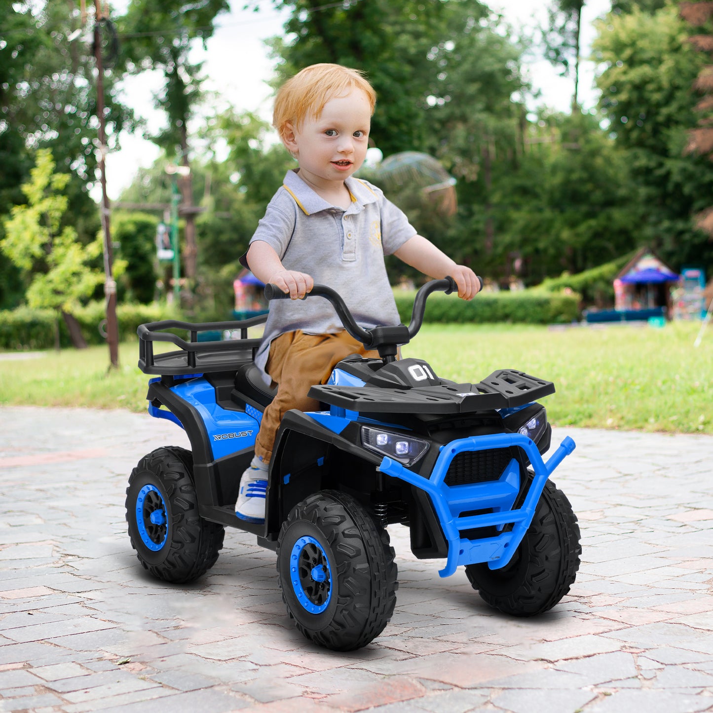VTT pour enfants, jouet électrique à batterie 12 V avec suspension à ressort, panier de rangement, vitesse élevée et faible, bleu