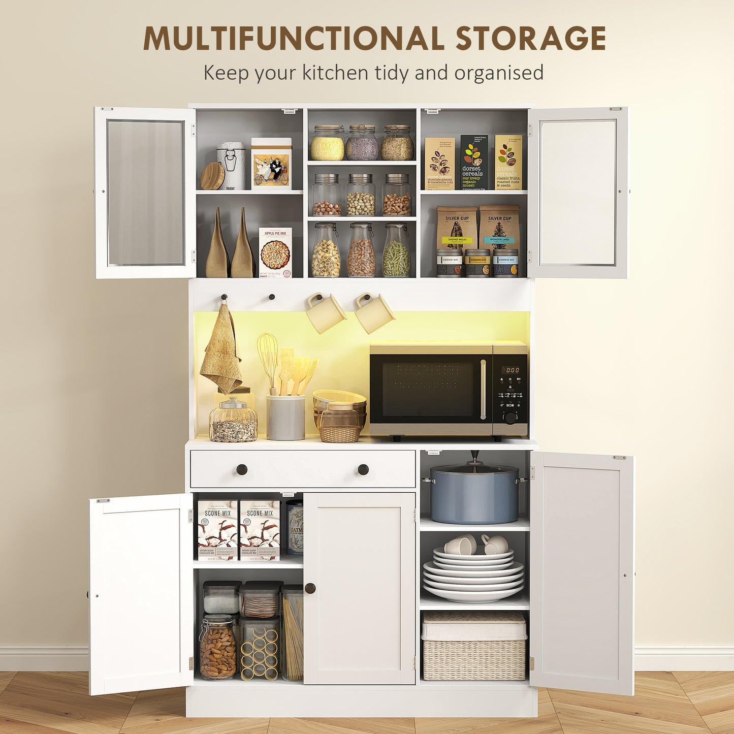 Tall kitchen cabinet with LED lighting, shelves, drawer, doors, white