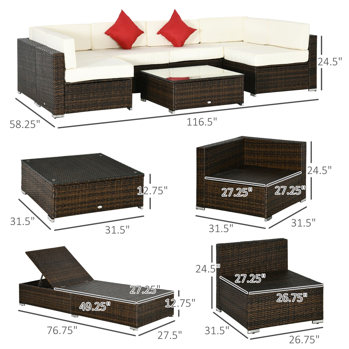 Ensemble de meubles de jardin 9 pièces en osier avec coussin, blanc crème