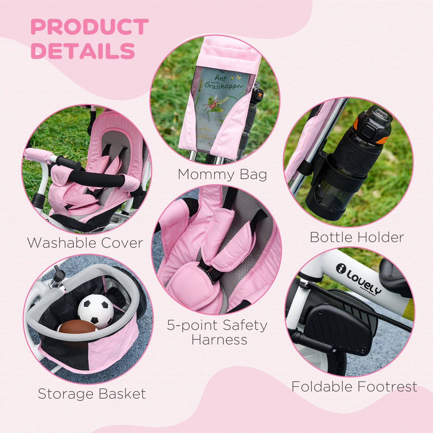 6 in 1 Toddler Tricycle for 1-5 Years Old with Parent Handle, Pink