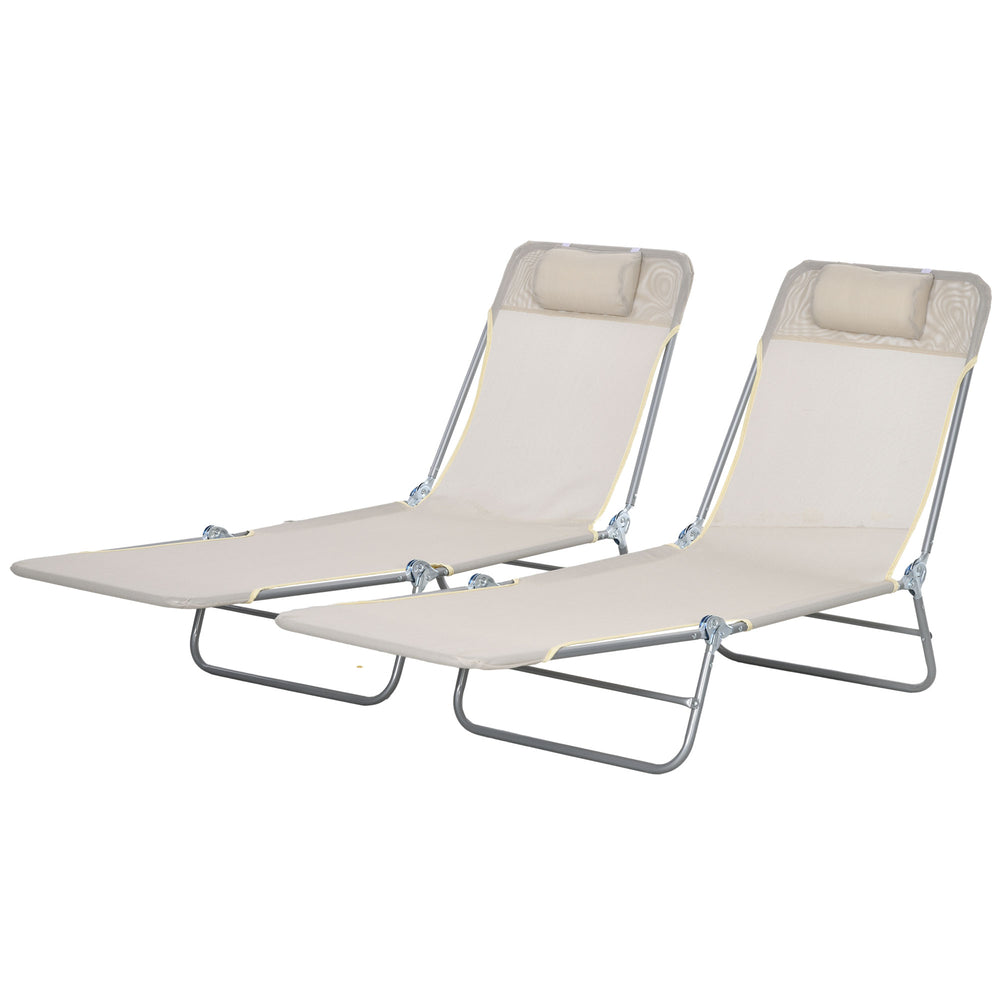 Duo de chaises longues pliantes couleur blanc crème avec coussin rembourré et dossier ajustable pour détente extérieure