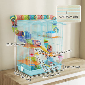 Cage pour hamste à 5 niveaux pour petits animaux avec système de tunnel, roue d'exercice, bouteille d'eau, bleu clair