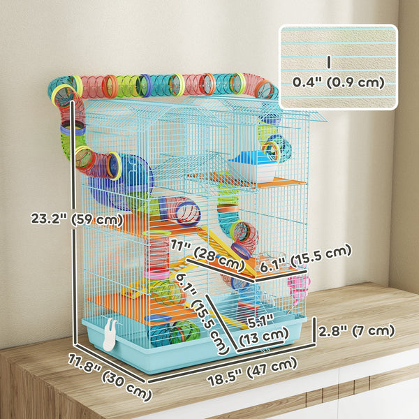Cage pour hamste à 5 niveaux pour petits animaux avec système de tunnel, roue d'exercice, bouteille d'eau, bleu clair