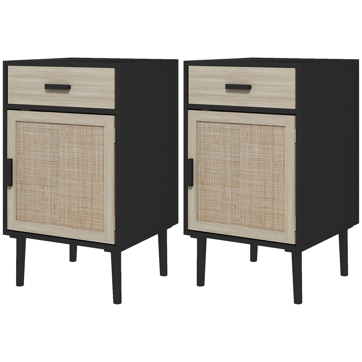 Lot de 2 tables de chevet bohèmes avec tiroir, meuble en rotin, étagère réglable pour chambre et salon, noir