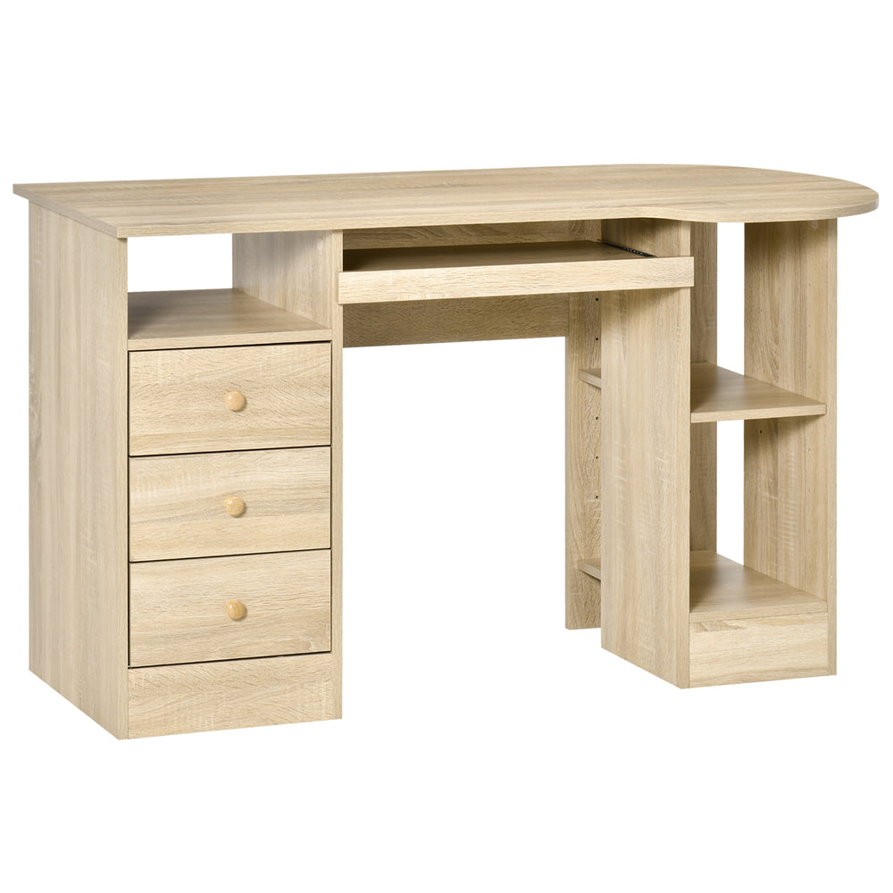 Bureau d'ordinateur avec rangement, étagères et tiroirs, bois naturel