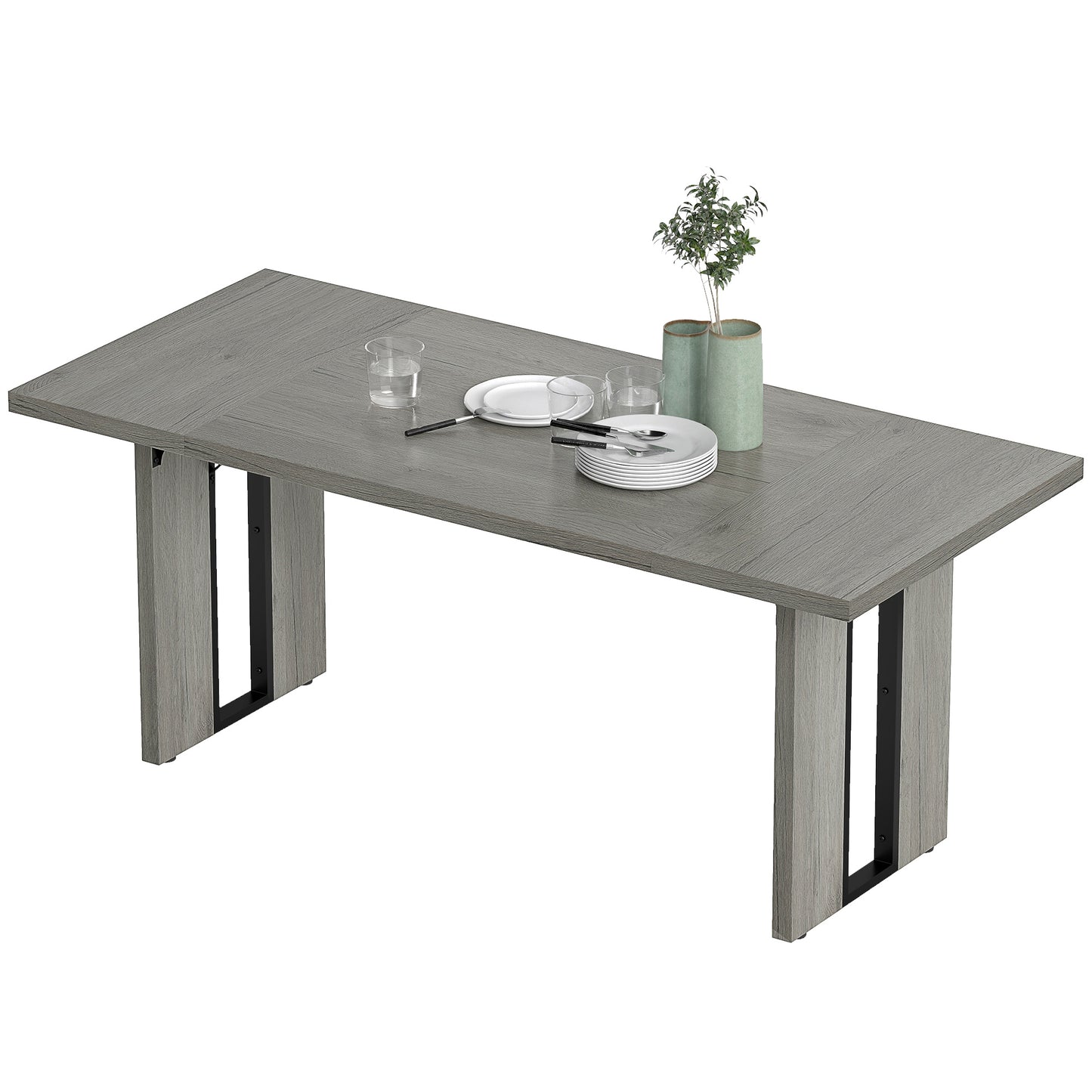 Table de cuisine industrielle pour 8 personnes avec plateau épais, finition bois gris