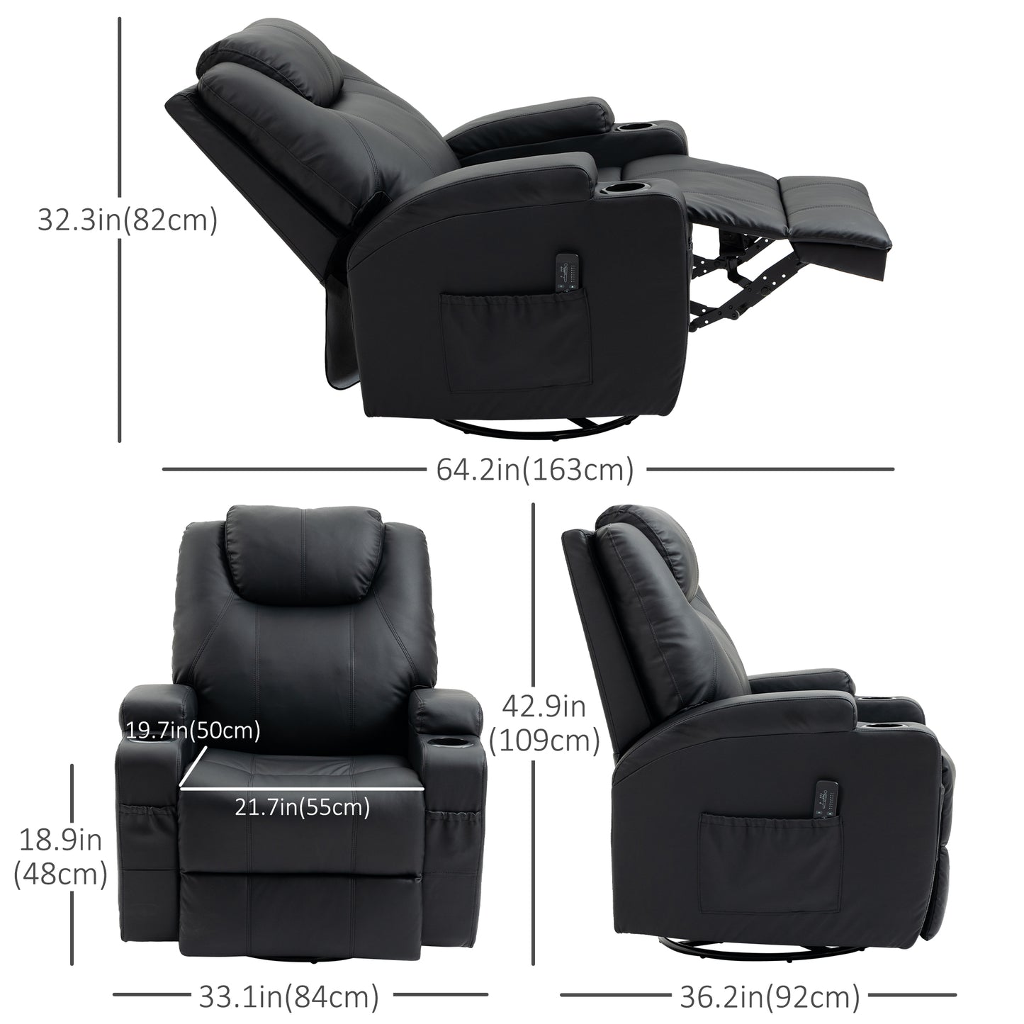 Fauteuil massant inclinable à bascule pivotant avec 8 points de vibration, cuir synthétique, porte-gobelets, poches latérales, noir