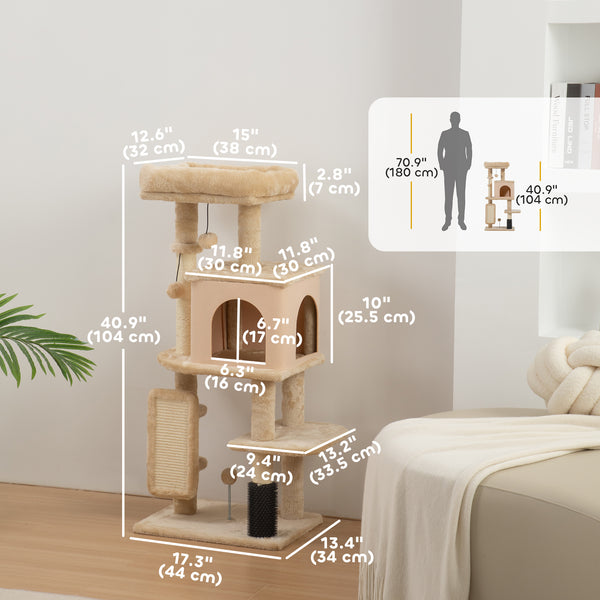 Arbre à chat de 104 cm avec griffoirs, panier, niche et plateformes de saut, beige