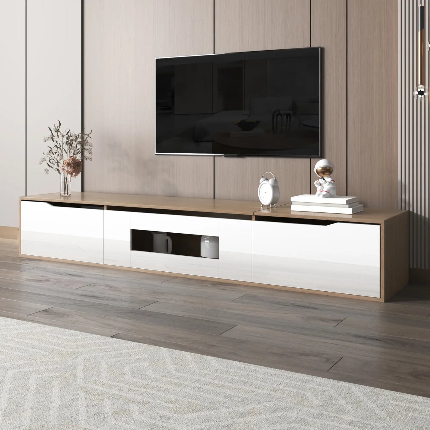 Meuble TV brillant avec éclairage LED, design moderne et options de montage polyvalentes, blanc et bois