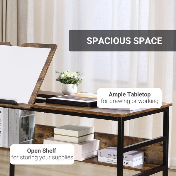 Table à dessin réglable avec plateau inclinable et étagère de rangement, brun rustique