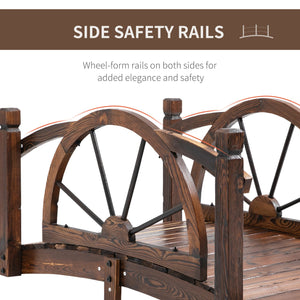 Wooden garden bridge, decorative arched walkway with safety railing